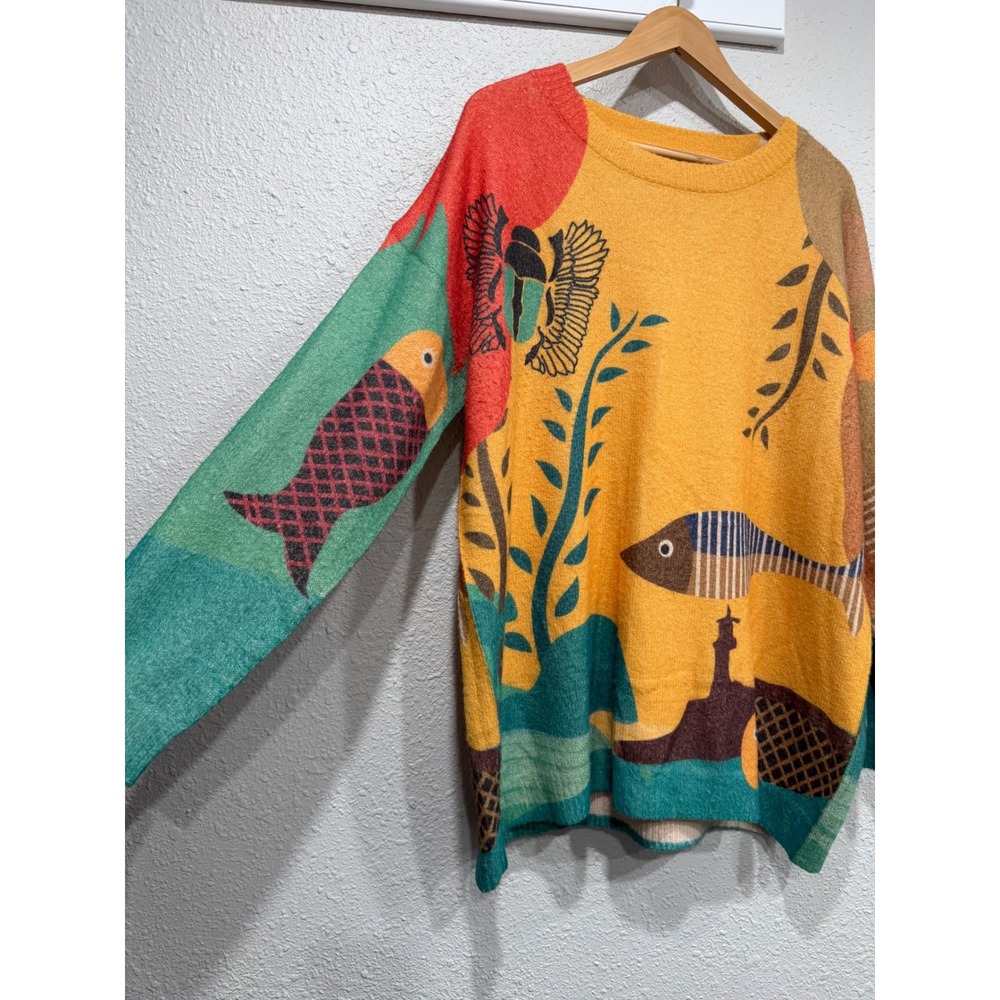 Oversized Graphic Wool Blend Sweater XL Fish Nature Art To Wear Eclectic Artsy - Picture 4 of 14